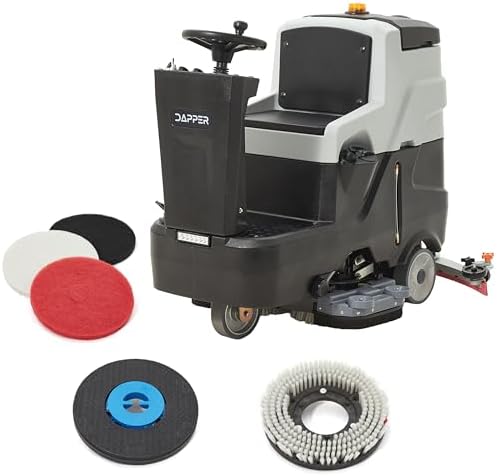Battery Powered Ride-On Commercial Floor Scrubber Machine, 30" Brush, 39" Squeegee Width, 24 gal Solution Tank, 25 gal Recovery Tank, 5 hr Use 8 hr Charge, 180 RPM, 52,000 Sqft/H, Batteries Included by DapperSupply