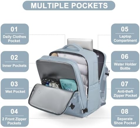 Large Travel Backpack Carry on Flight Approved Mochila De Viaje Carry on Backpack for Airplanes Spirit Airlines Personal Item Bag 18x14x8 Inches Travel Bag Traveling Backpack for Women Men Grey Blue - Image 4