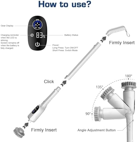 Electric Spin Scrubber, 200Mins Runtime Bathroom Scrubber with 3-Speed & LCD Display, Full-Body IPX7 Shower Scrubber with 8 Heads for Bathtub Kitchen Floor Grout, 53IN Extendable Handle - Image 6