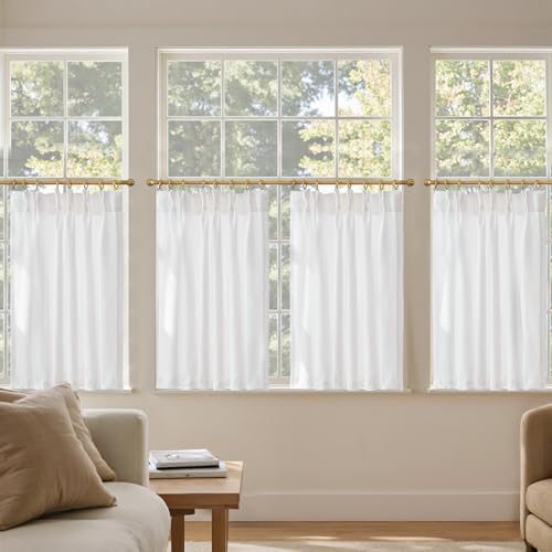 jinchan Pinch Pleated Linen Back Tab Tier Curtains, 26x36, White - Image 3