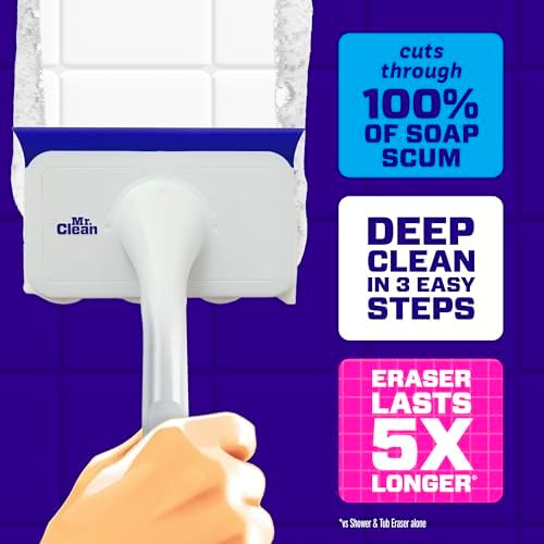 Mr. Clean Magic Eraser Shower & Tub Scrubber, Bathroom Cleaner, All in One Bathroom Cleaner, Lemon Starter Kit, 2 Scrubber, 5 Foaming Magic Erasers, 1 Whole Home Extra Durable Magic Eraser - Image 3