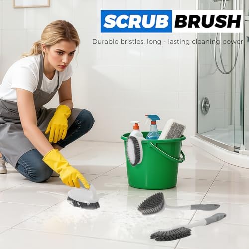 3 Pack Heavy Duty Scrub Brush Set for Household Use, Long Scrub Brush, Handheld Scrub Brush, and Crevice Brush with a Scraper Head for Cleaning Bathroom, Tile, Grout, Tub, Floor, Sink - Image 3