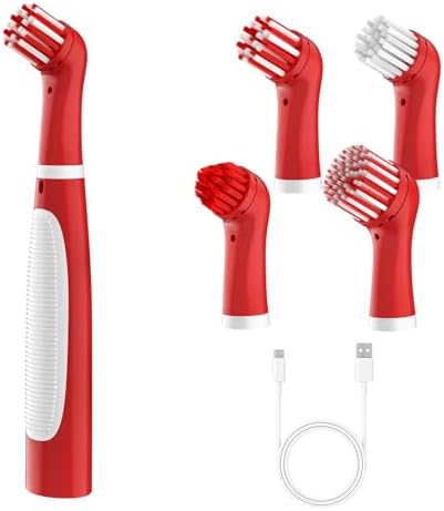 SOARING Rechargeable Electric Cleaning Brush with 4 in 1 Multiple Brush Heads,Indoor Household Cordless Motorized Brush for Bathroom Toilet Kitchen Tile Crevice (White & Red) by SOARING