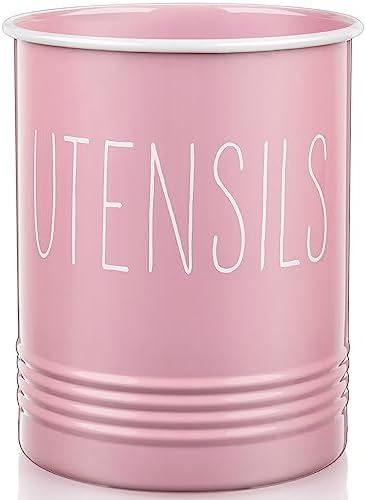 Bivvclaz Kitchen Utensil Holder - 6.7" Utensil Holder for Kitchen Counter - Cooking Utensil Crock with Cork Bottom - Pink Decor and Accessories - Utensil Storage Caddy Organizer by Bivvclaz