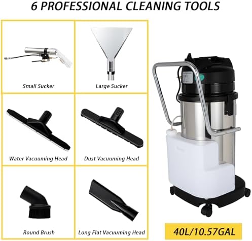 Carpet Cleaning Machine, 1000W 40L/11gal Professional Commercial Carpet Cleaner Machine with Long Flat/Dust/Water Vacuum Head and Round Brush, 3 in 1 Vacuum Washing Carpet Extractor Machine - Image 4