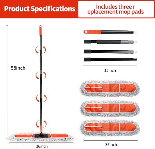 36" Large Commercial Dust Mops for Industrial Floor ，Marble, Laminate,Tile,Concrete,Garage. Janitor Broom Wide Dry mop for Hardwood ,Heavy Duty Long Handle Hotel Gym Household Cleaning Supplies - Image 3