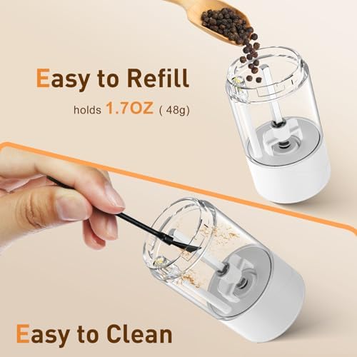 Rechargeable Electric Salt and Pepper Grinder Set, Automatic Salt and Pepper Shakers, Adjustable Coarseness Pepper Grinder with Led Kitchen and Home Appliances Gifts for Women(Whitewhite) - Image 4