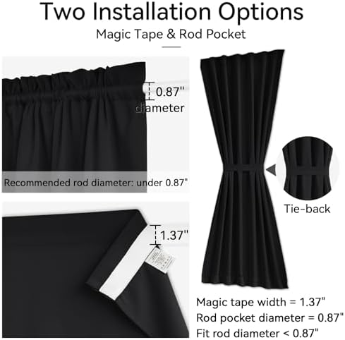 Vatge Sidelight Curtains for Front Door, 12 Inch Wide Narrow Window Curtains for Side Door, 1 Panel, W12 x L80, Black - Image 2