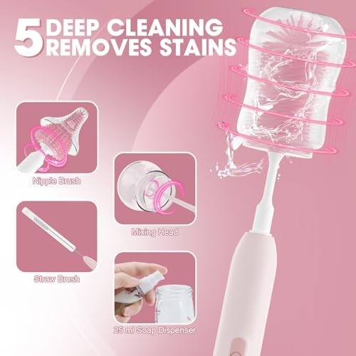 Electric Bottle Brush Cleaner,Electric Baby Bottle Brush Cleaner with Silicone Nipple&Straw Brush,Soap Dispenser,Drying Rack-Waterproof,Long Battery Life,Travel Bottle Cleaner Kit for Babies - Image 2