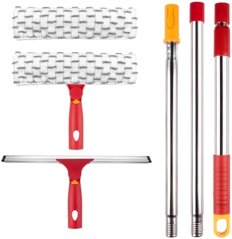 Squeegee for Window Cleaning, 12" Squeegee and 11" Microfiber Scrubber Combi with Stainless Steel Pole, Extendable Window Cleaner for Car, Sliding Door, Shower Glass Door-Swivel Style-2 Pads by ITTAHO