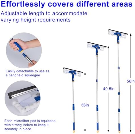 Squeegee for Window Cleaning with Extendable Pole, 53" 2-in-1 Window Cleaning Tool Kit, Shower Squeegee with Long Handle, Indoor/Outdoor High Window Cleaning-Two Pads - Image 3