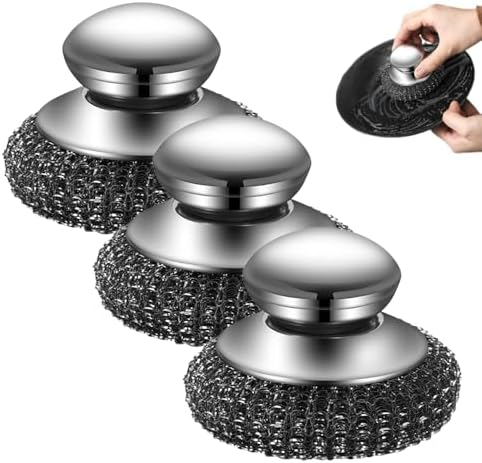 Steel Wool Scrubber with Handle, Upgrade Heavy Duty Stainless Steel Dish Scrubber for Cleaning Dishes, Iron Pots, Stoves, Kitchen Sink (3 pcs) by Rewdut