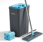 JOYMOOP Mop and Bucket Set, Mops for Floor Cleaning, Wall Mop Cleaner with Long Handle, with 4 Reusable Microfiber Mop Pads - Grey+Cyan Blue by JOYMOOP
