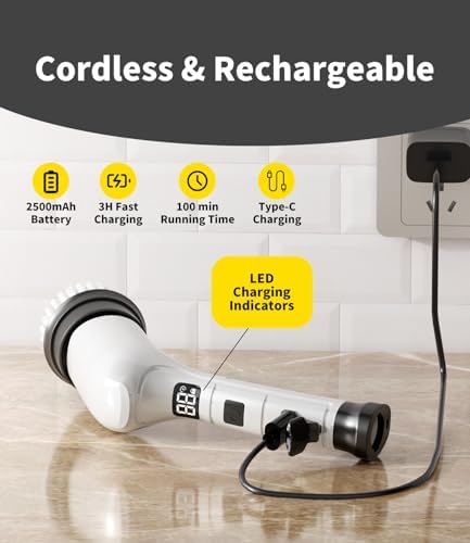 Electric Spin Scrubber, Cordless Household Cleaning Brush with 6 Replaceable Heads, 3 Speeds, LED Display, Lightweight Handheld Power Scrubber for Cleaning Stove/Bowl/Sink/Corner/Tile/Grout-White - Image 5