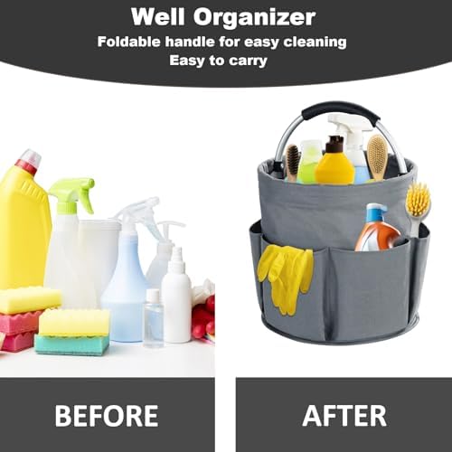 17L Cleaning Caddy with Handle, Cleaning Supplies Organizer, Foldable Storage Basket, Cleaning Supply Caddy, Portable Multi Cleaning Bucket Bag for Home, Garden (Grey) - Image 3