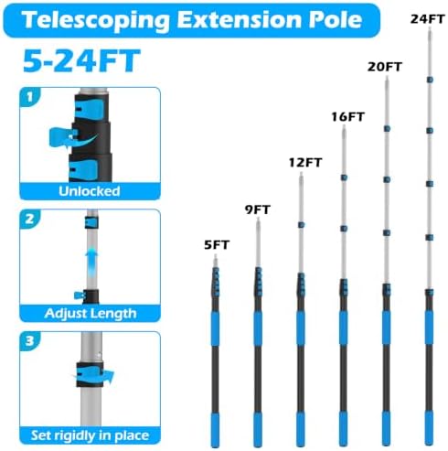 30FT Reach Cobweb Duster with Extension Pole - Spider Web Brush for Cleaning with 5-24FT 5-Section Flip-Lock Telescopic Pole, Effortlessly Cleans High Indoor & Outdoor Webs - Image 4