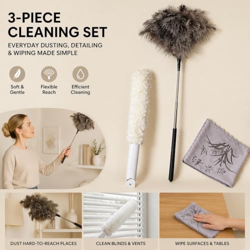 Extendable Ostrich Feather Duster Set with Blind Brush & Cleaning Cloth - Image 5