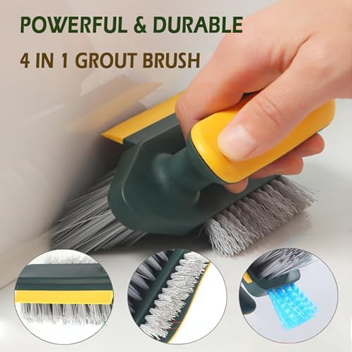 4 in 1 Grout Cleaning Brush with Scrape, V Shape Grout Cleaner Brush for Tile Floors, Tile Grout Brush with Stiff Bristles for Shower, Bathroom, Corner, Baseboard, Kitchen, Household - Green - Image 2