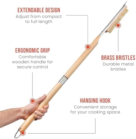 Chef Pomodoro Pizza Oven Brush with Scraper, Adjustable 55cm-87.7cm Handle - Image 3