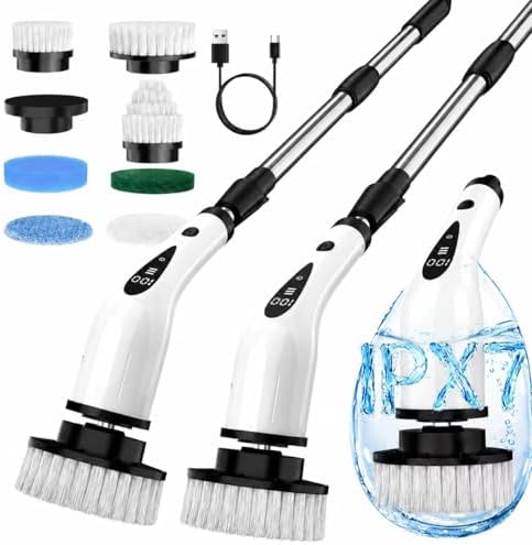 Electric Spin Scrubber, 3-Speed Flat End Brush with 8 Brush Heads & Base, IPX7 Waterproof, Adjustable Long Handle, Digital Display, 2500mAh Fast Charging, for Bathroom, Tub, Tile, Floor by ShuxT