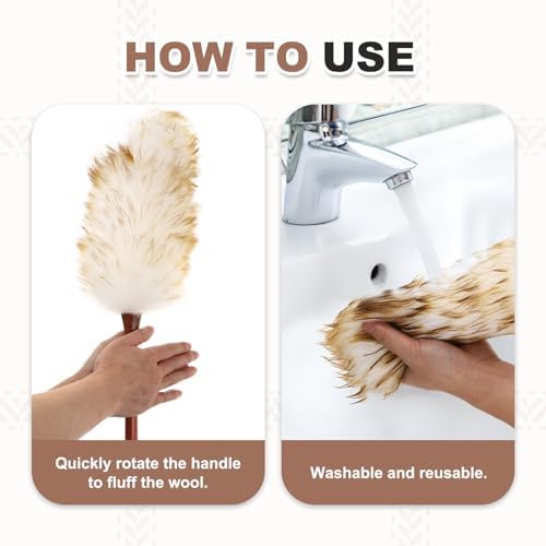 uxcell Wool Duster, 14.2" Natural Feather Cleaner Household Cleaning Duster with Solid Wooden Handle for Cleaning Fans Window Blinds Shelves Furniture, White Gold - Image 6