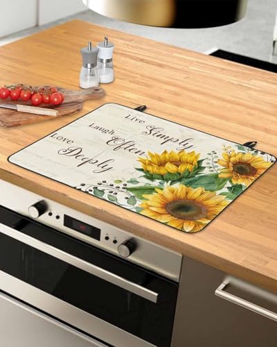 Vintage Sunflowers Stove Top Covers for Electric Stove, Farmhouse Floral Induction Cooktop Cover Protector, Rustic Botanical Range Mat for Glass Top Stove, Kitchen Countertop Dish Drying Mat, 28"x20" - Image 3