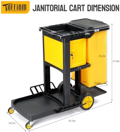 TUFFIOM Janitorial Cart with Key-Locking Cabinet, 3-Shelf Commercial Cleaning Cart, Housekeeping Caddy with Locker,Wheeled with Yellow Vinyl Bag, Black, Great for Hotel, Stores, Schools, and Business - Image 5