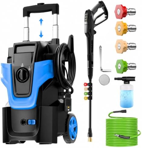 5000PSI Heavy Duty Pressure Washer, 3-Speed Adjustable Power Washer with 2-Stage Pull Rod, 4 Nozzles, 35FT GFCI Cord & 500ml Soap Bottle for Car, Home & Outdoor Cleaning,Blue by Toyqqeow