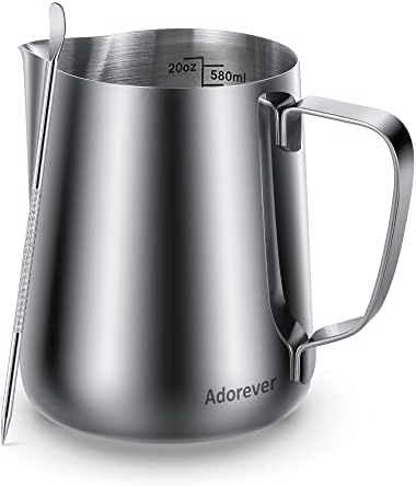 Milk Frothing Pitcher, 20oz Steaming Pitcher Stainless Steel Espresso Machine Accessories for Coffee Bar, Cappuccino Barista Tools Milk Jug Steamer Frother Cup with Decorating Latte Art Pen by Adorever
