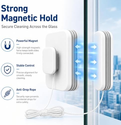 6-in-1 Magnetic Window Cleaner, 2027 Upgraded Double Sided Glass Cleaning Tool with Strong Magnets, Dual-Action Window Wiper with Anti-Fall Rope for Home Car Office，Fits 15-26mm Glass - Image 3