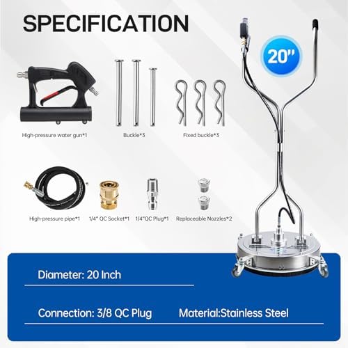 20" Pressure Washer Surface Cleaner with 4 Wheels, Surface Cleaner for Pressure Washer, Stainless Steel Dual Handle Power Washer Surface Cleaner for Concrete, Driveway, Patio, Sidewalk - Image 6
