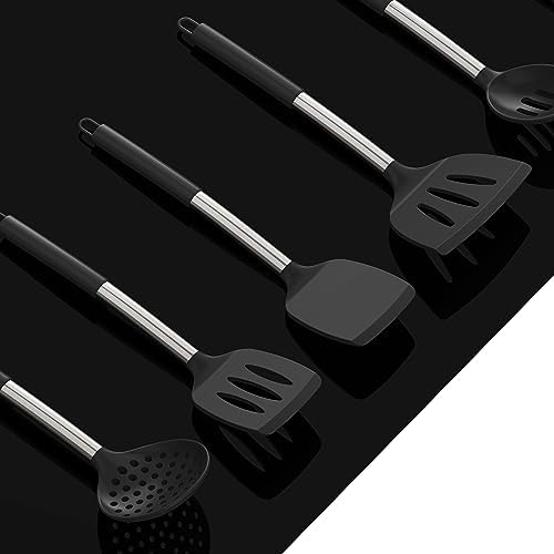 oannao Large Silicone Cooking Utensils Set - Heat Resistant Kitchen Utensils Sets,Spatula,Spoon,Turner Tongs,Whisk,Stainless Steel Cooking Utensil for Nonstick Cookware Dishwasher Safe (Black) - Image 6