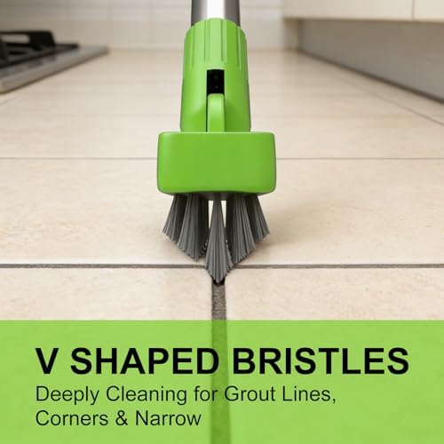 2 Pack Grout Brush with Long Handle, Swivel Cleaning Grout Line Scrubber - Durable Handle Grout Cleaner Brush for Bathroom,Tile,Baseboard,Walk in Shower,Corner & Narrow Space (Green) - Image 2