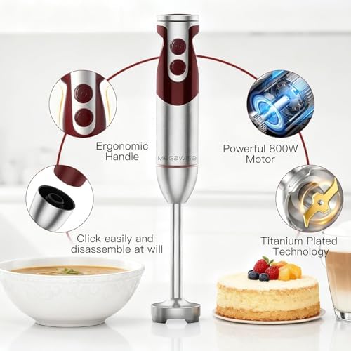 MegaWise Pro Titanium Reinforced 3-in-1 Immersion Corded Hand Blender, Powerful MOTOR with 80% Sharper Blades, 12-Speed Corded Blender, IncludingWhisk and Milk Frother (3-in 1 Red) - Image 4