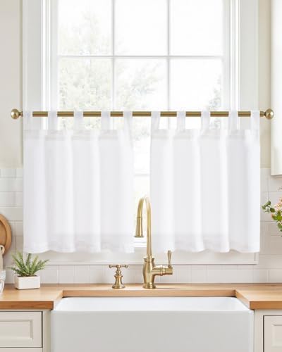 jinchan Linen Tier Curtains, Tab Top, 26x24, 2 Panels, Beige White by JINCHAN