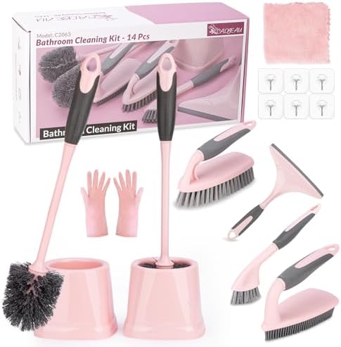 CALBEAU Pink Toilet Brush and Holder Set, 14 PCS Bathroom Cleaning Kit by CALBEAU