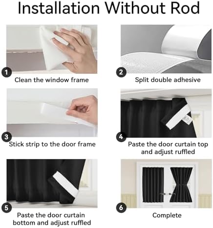 Vatge Self-Adhesive Sidelight Curtains for Glass Doors - No Drill Removable Window Coverings, Light Filtering Panel, 1 Panel, W12 x L60, Black - Image 4