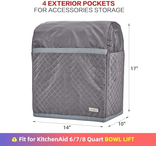 HOMEST Stand Mixer Quilted Dust Cover with Pockets Compatible with KitchenAid 6/7/8 Quart Bowl Lift, Grey (Patent Design) - Image 3
