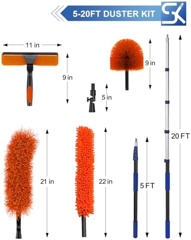 26 Foot High Reach Duster Kit with 5-20 ft Telescoping Extension Pole, High Ceiling Duster, Cobweb Duster, Window Squeegee, Feather Duster, Outdoor & Indoor Extendable Duster Cleaning Kit - Image 2