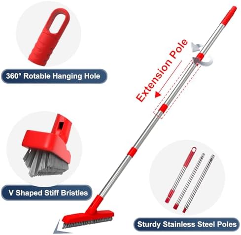 2 Pack Grout Brush with Long Handle, Swivel Cleaning Grout Line Scrubber - Extendable Durable Handle Grout Cleaner Brush for Bathroom,Tile,Baseboard,Walk in Shower,Corner & Narrow Space (Red) - Image 6