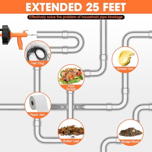 Drain Snake, Auto Feed Plumbing Snake with Drill Adaptor, 25 Feet Drain Auger Tool Set Included Drain Clog Remover, Hair Clog Remover ＆ Cleaning Brush for Kitchen, Bathroom and Shower Sink with Gloves - Image 7