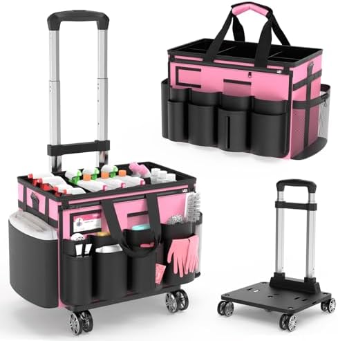 Cleaning Caddy with Wheels - Rolling Cleaning Caddy Bag with Detachable Trolley, Cleaning Caddy for Cleaning Supplies, Cleaning Bag for Housekeeping, Pink by MUNNAR