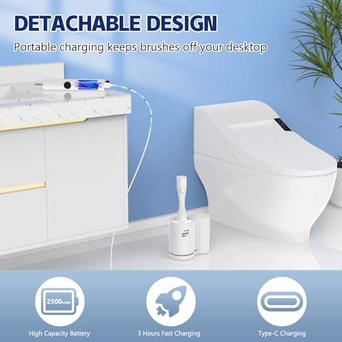 Electric Toilet Brush and Holder Set, Electric Toilet Bowl Brush, Toilet Brush Cleaner Set with 5 Refills Disposable Cleaner Brush, Floor Standing, Wall Mounted Without Drilling, Rechargeable, White - Image 6