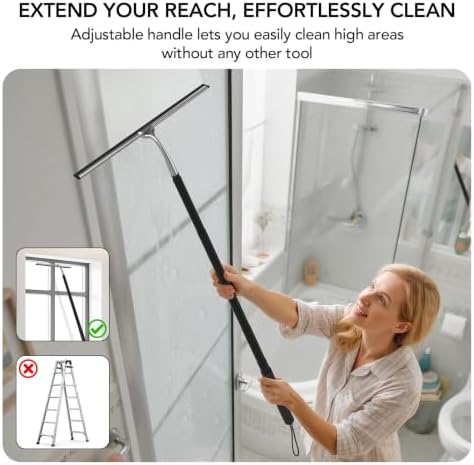 Long Handle Shower Squeegee for Glass Doors, 15-51" Telescopic Window Squeegee with Extension Pole, 2-1 Extendable Bathroom Squeegee with Fiber Scrubber for Shower Glass, Mirrors, Tile Walls & Windows - Image 2