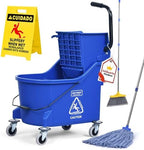 Matthew Cleaning Blue 44Quart Commercial Mop Bucket INCL.Wet String Mop& 19'' Industrial Wet Floor Sign with Side Press Wringer On Wheels,Tandem Portable Floor Cleaning Wavebrake,Ideal for Household by MATTHEWCLEANINGPRODUCTS