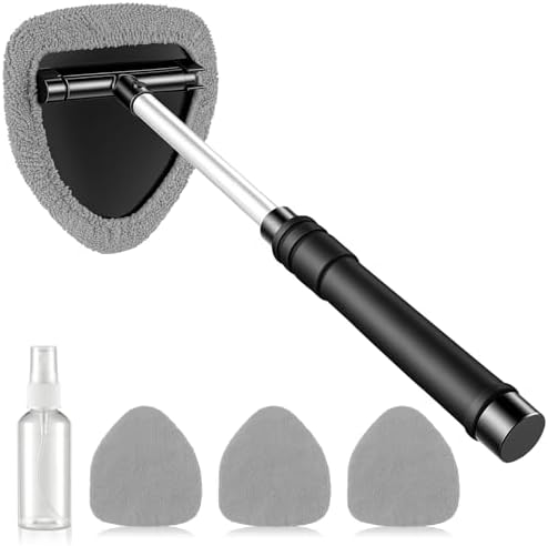 JUSTTOP Windshield Cleaner Tool, Car Interior and Exterior Window Cleaning Kit with Extendable Handle & 4 Reusable Microfiber Pads, Auto Glass Wiper Brush Kit for Car & Home Windows (Grey) by JUSTTOP