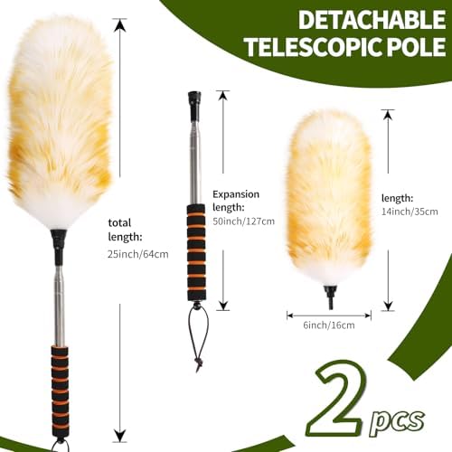 Extendable Lambswool Duster 25-64" Retractable Telescopic Handle Removable Head Multi-Surface Cleaning Tool for Ceiling Fans, Windows, High Walls, and Hard-to-Reach Areas (2pcs) - Image 2