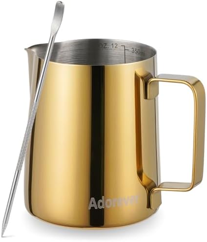 Milk Frothing Pitcher, 350ml (12oz) Steaming Pitchers Stainless Steel Milk Coffee Cappuccino Latte Art Barista Steam Pitchers Milk Jug Cup with Decorating Art Pen, Gold by Adorever