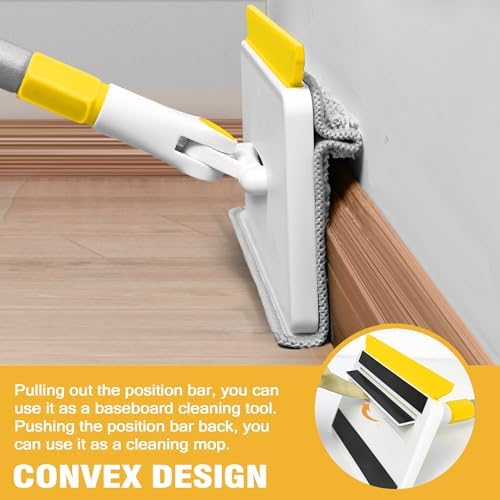 JEHONN Baseboard Cleaner Tool with Handle, 56 inches Base Boards Cleaning Mop Scrubber, 1 Stiff Bristles Brush, 2 Chenille and 2 Microfiber Pads, Wall Duster for Floorboard Ceiling Window (Yellow) - Image 2