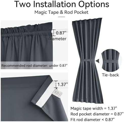 Vatge Privacy Blackout French Door Curtains - Thermal Insulated Door Curtain for Door Window, 1 Panel, W36 x L54, Grey - Image 2